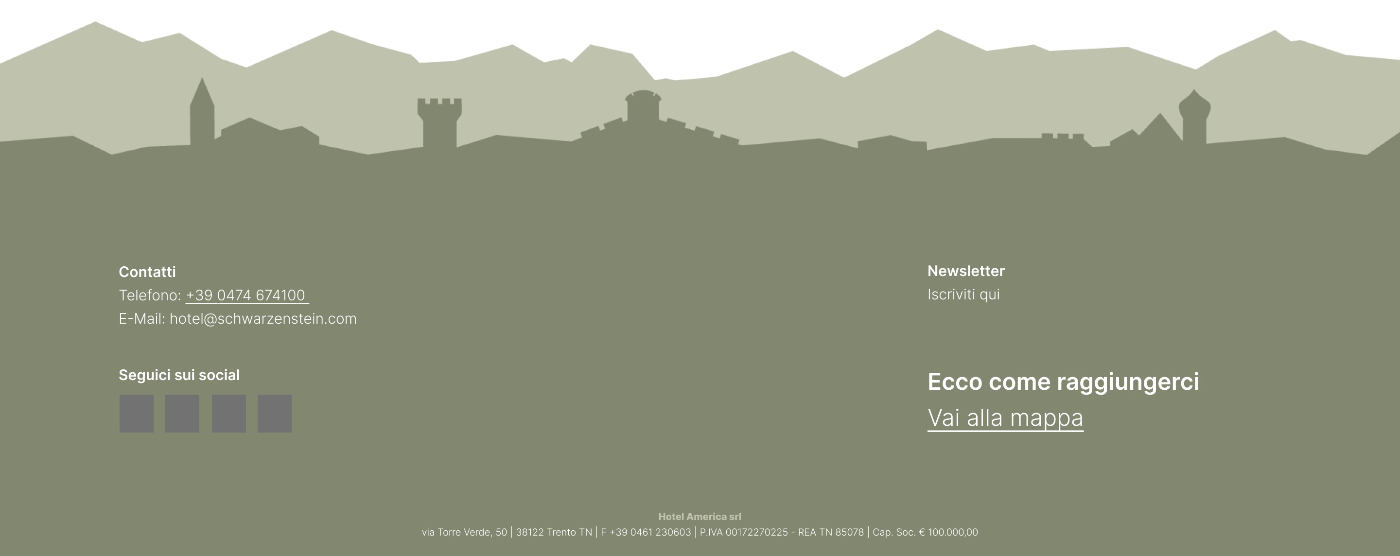 Il footer verde con lo skyline di Trento e le montagne, i contatti e la newsletter