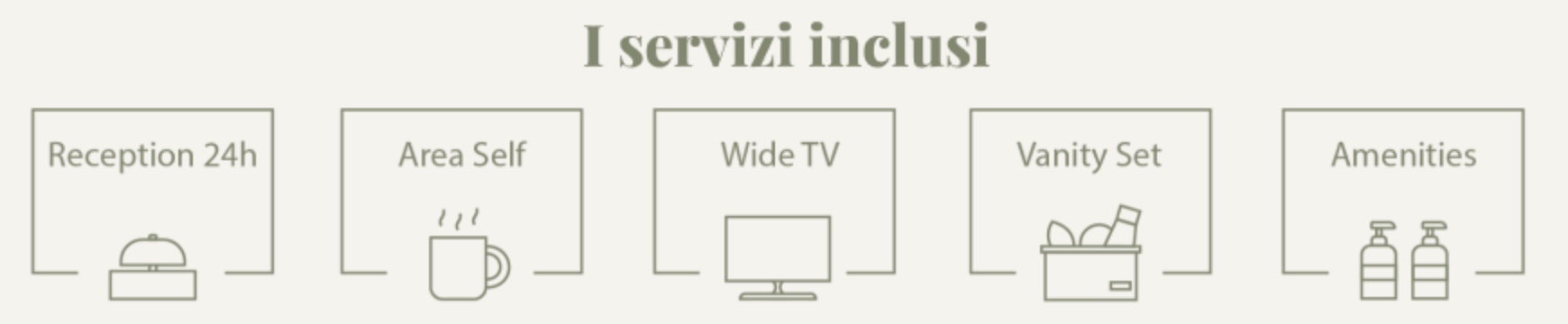 Le icone dei servizi inclusi: reception 24h, area self, wide TV, vanity set, amenities