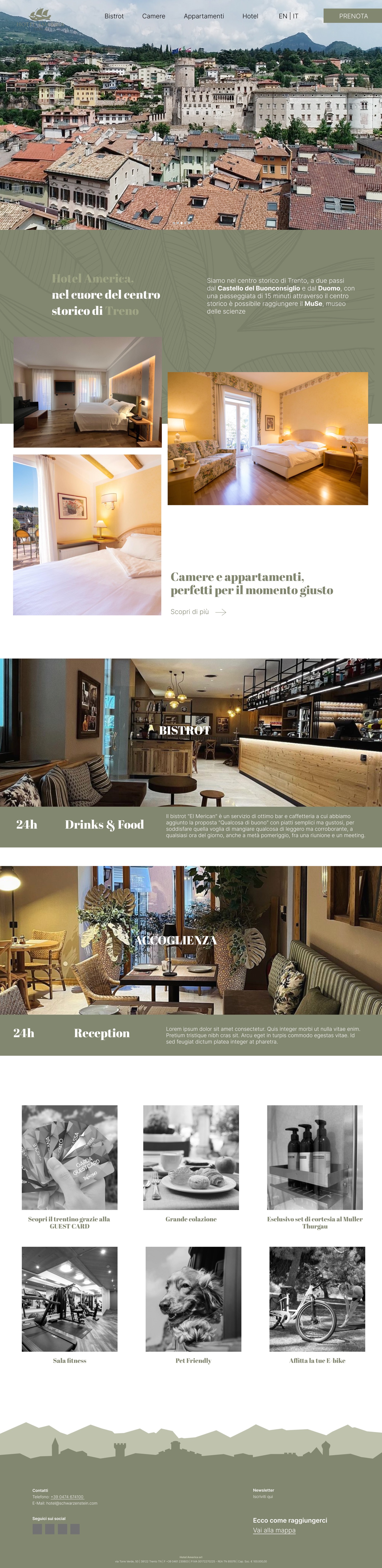 La homepage del nuovo sito di Hotel America, dall'alto fino al footer