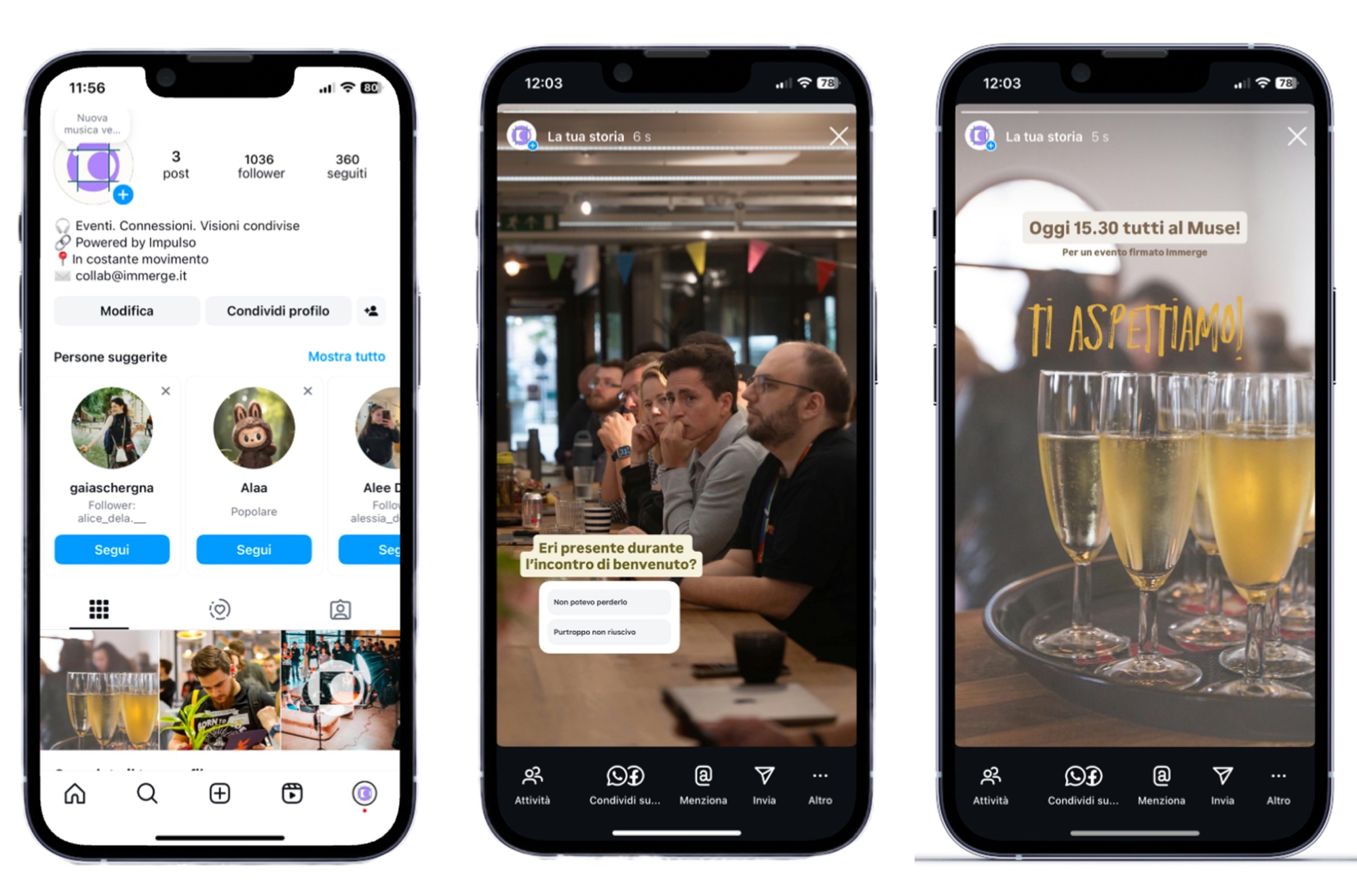 Il profilo Instagram e le storie di Immerge su tre telefoni
