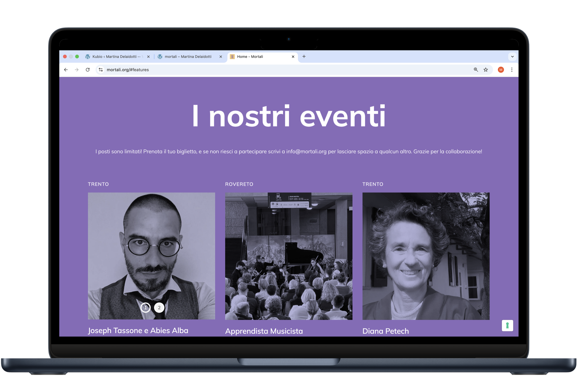 La pagina eventi del sito di Mortali su un portatile