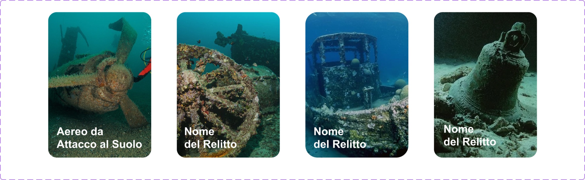 Le card dei relitti in un carosello
