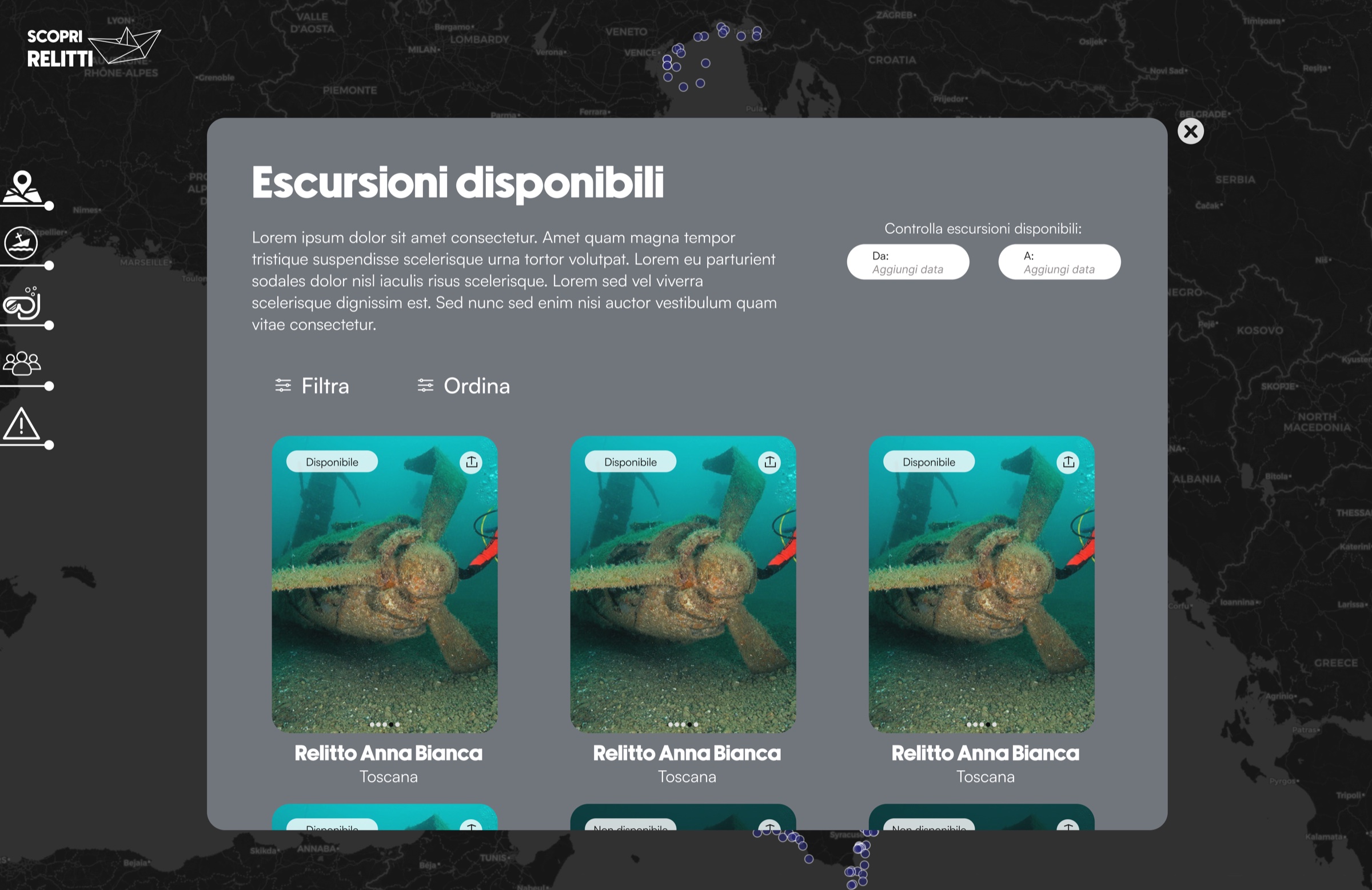 Wireframe ad alta fedeltà: escursioni disponibili