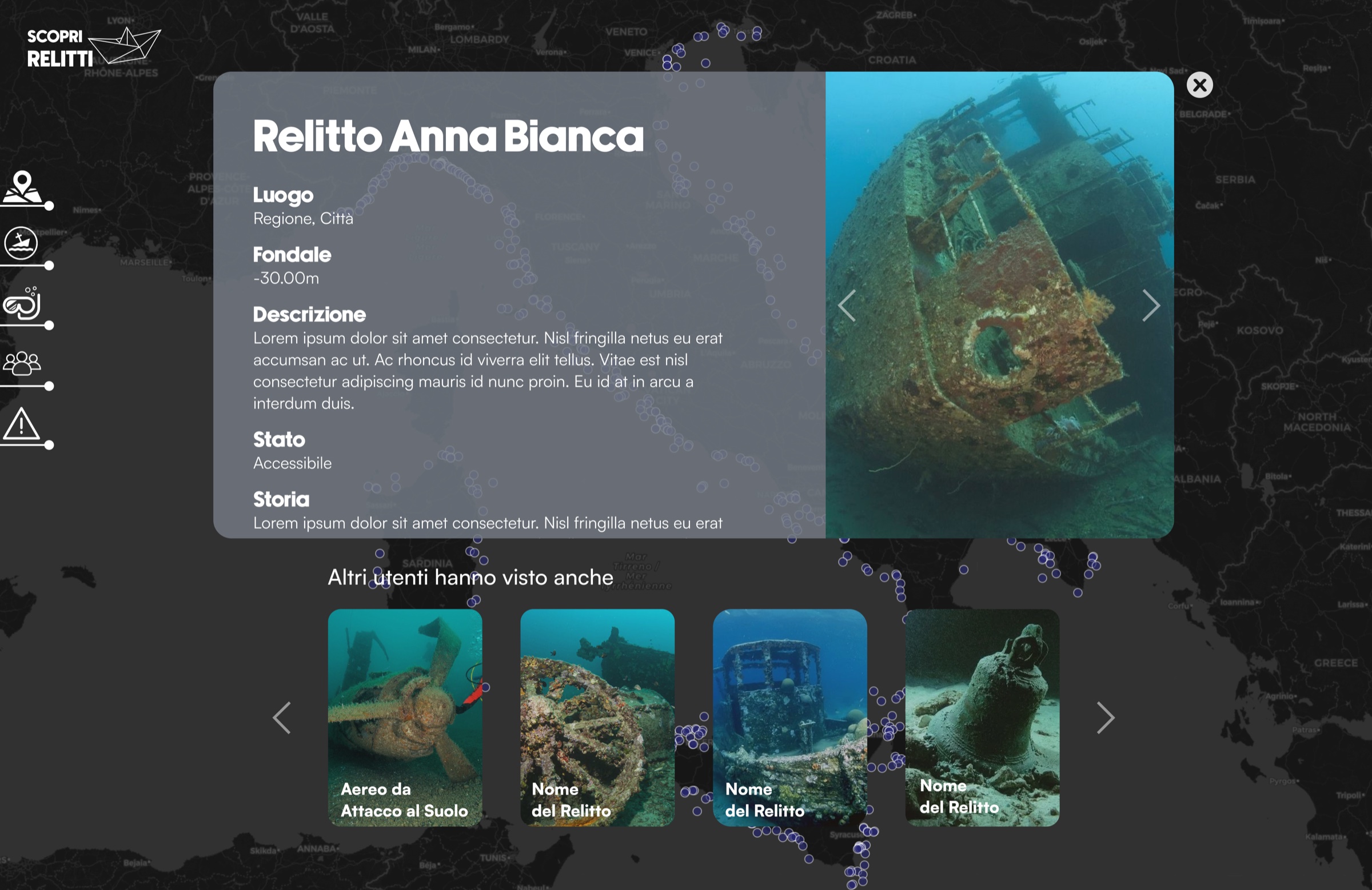 La pagina di un relitto nella piattaforma Scopri il Relitto