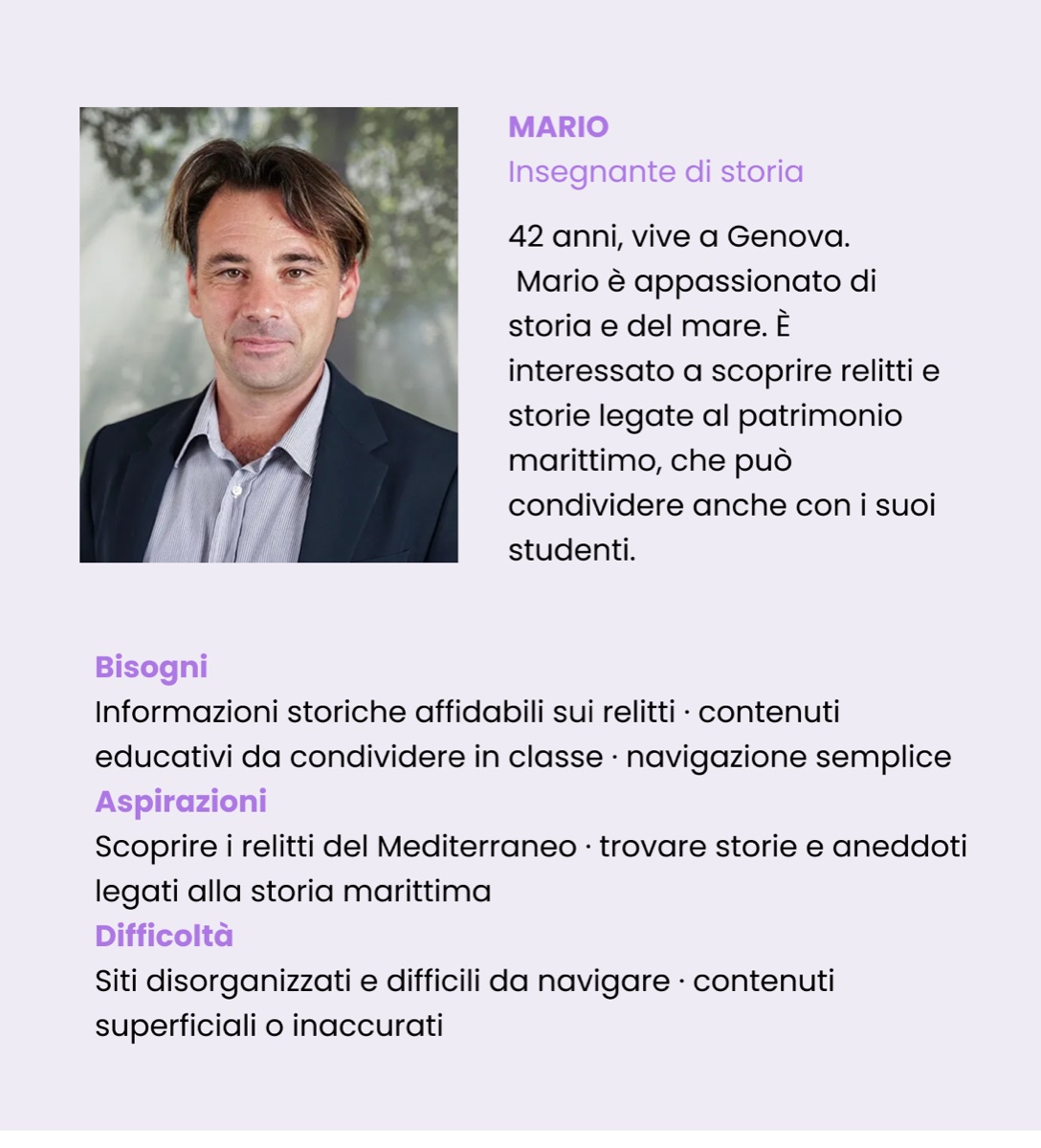 User persona: Mario, insegnante di storia, 42 anni