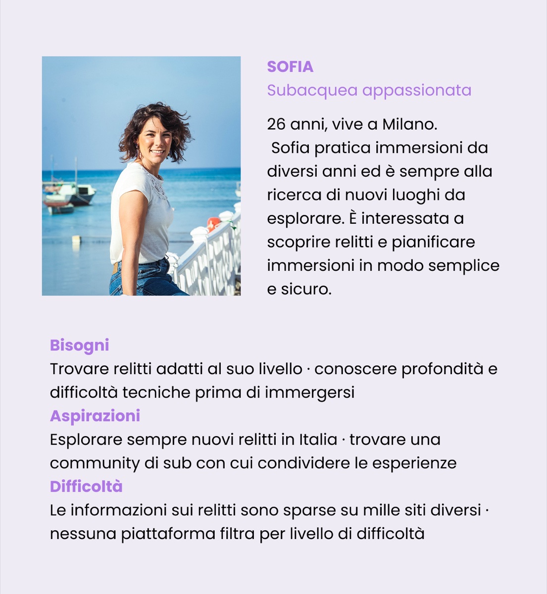 User persona: Sofia, subacquea appassionata, 26 anni